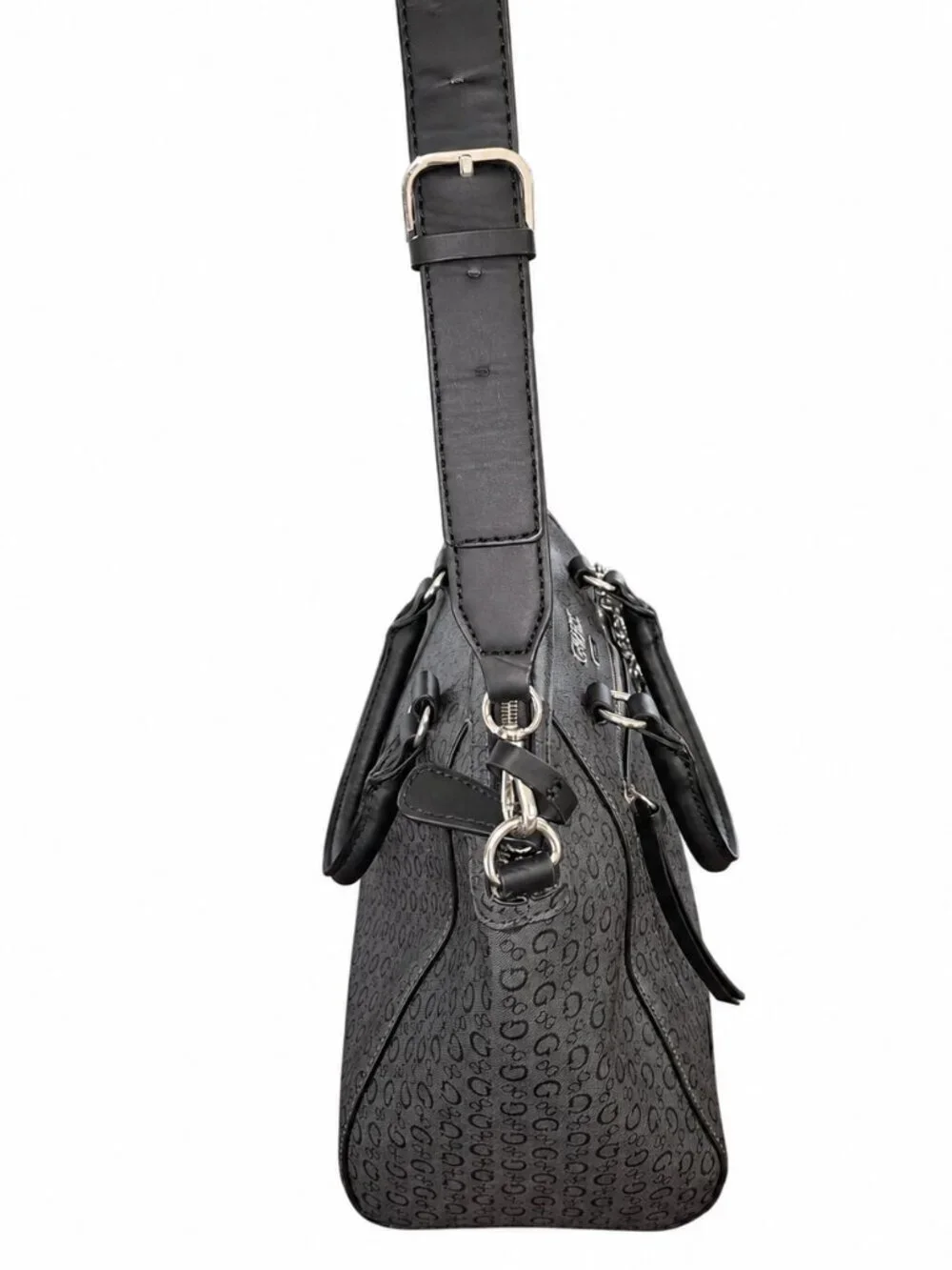 GUESS Satchel Shoulder Bag Gray Black Logo Print Dome Purse